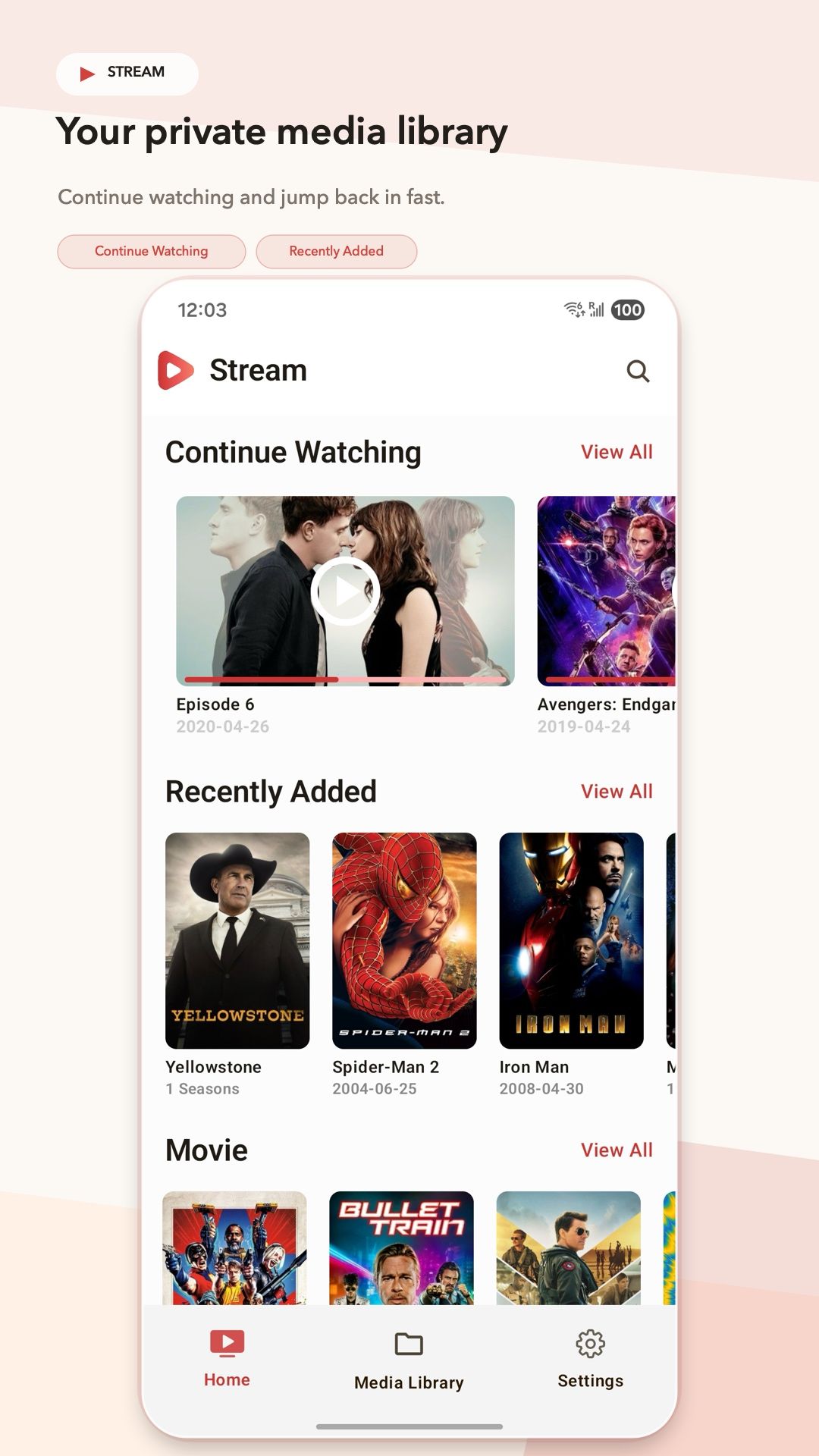 Stream app home screen showing a personal media library